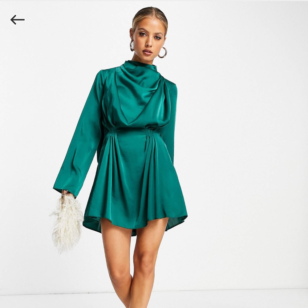 Satin drape neck mini dress with open back